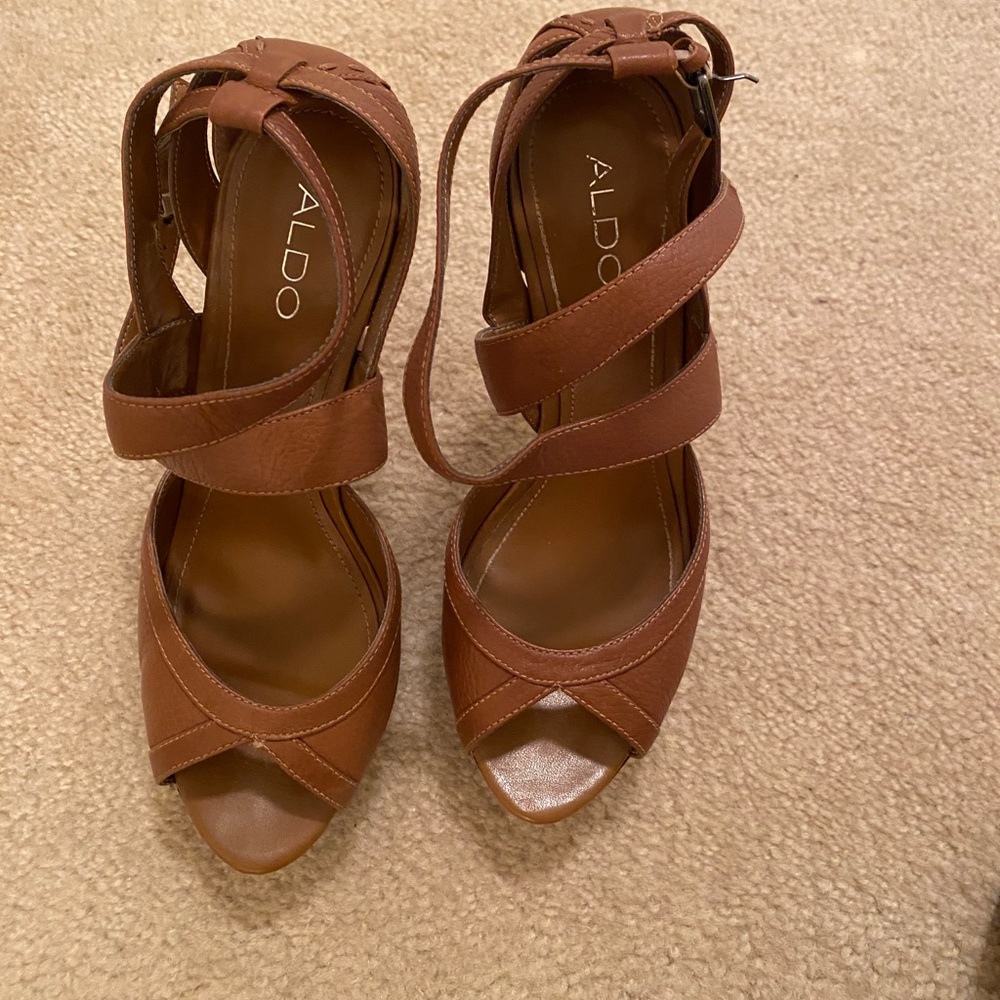 Aldo 8 1/2 Tan High-Heel Peep Toe Sandals